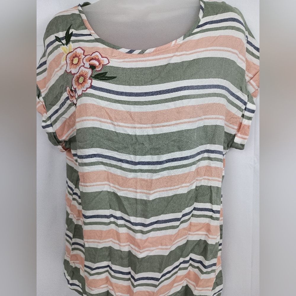 2/30 FRED DAVID Striped Green, Pink, White Floral Embroidered Top (#214)